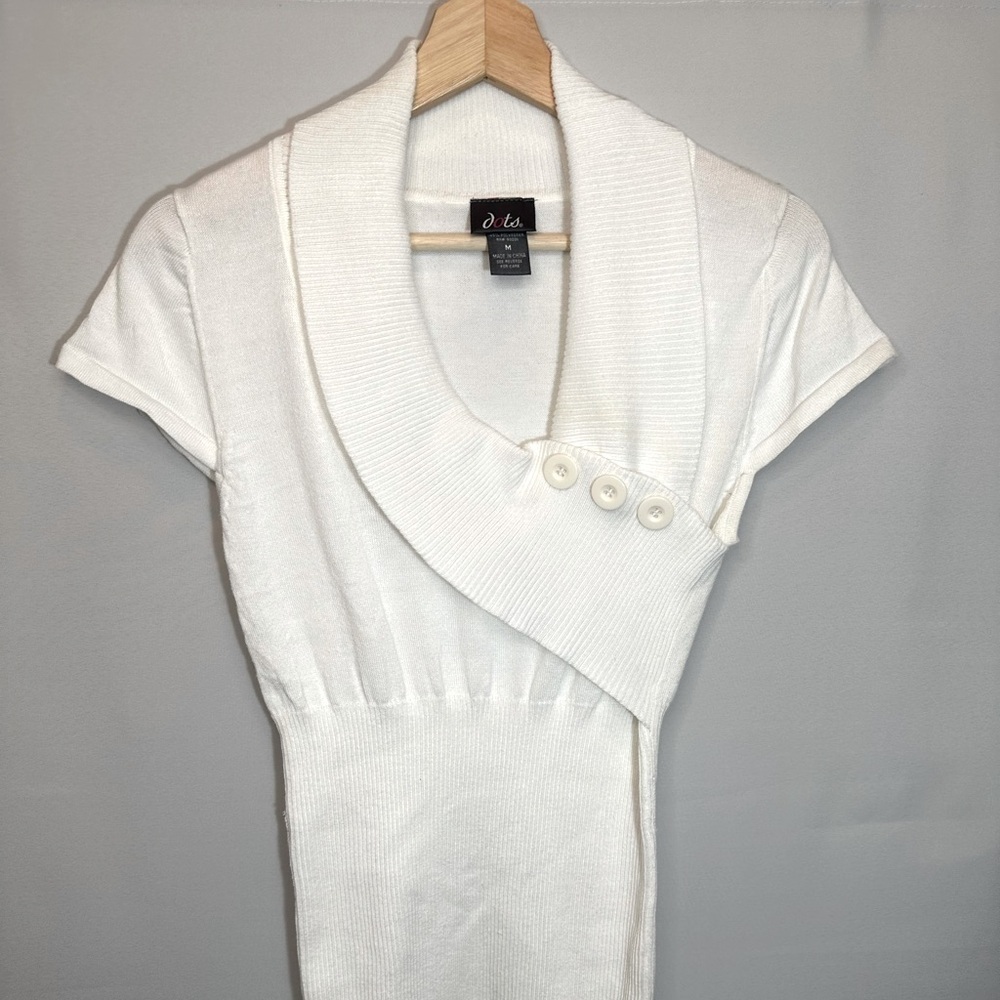 Dots Womens Blouse Sweater Top Size M White Knit Stretch Cap Sleeves Pullover